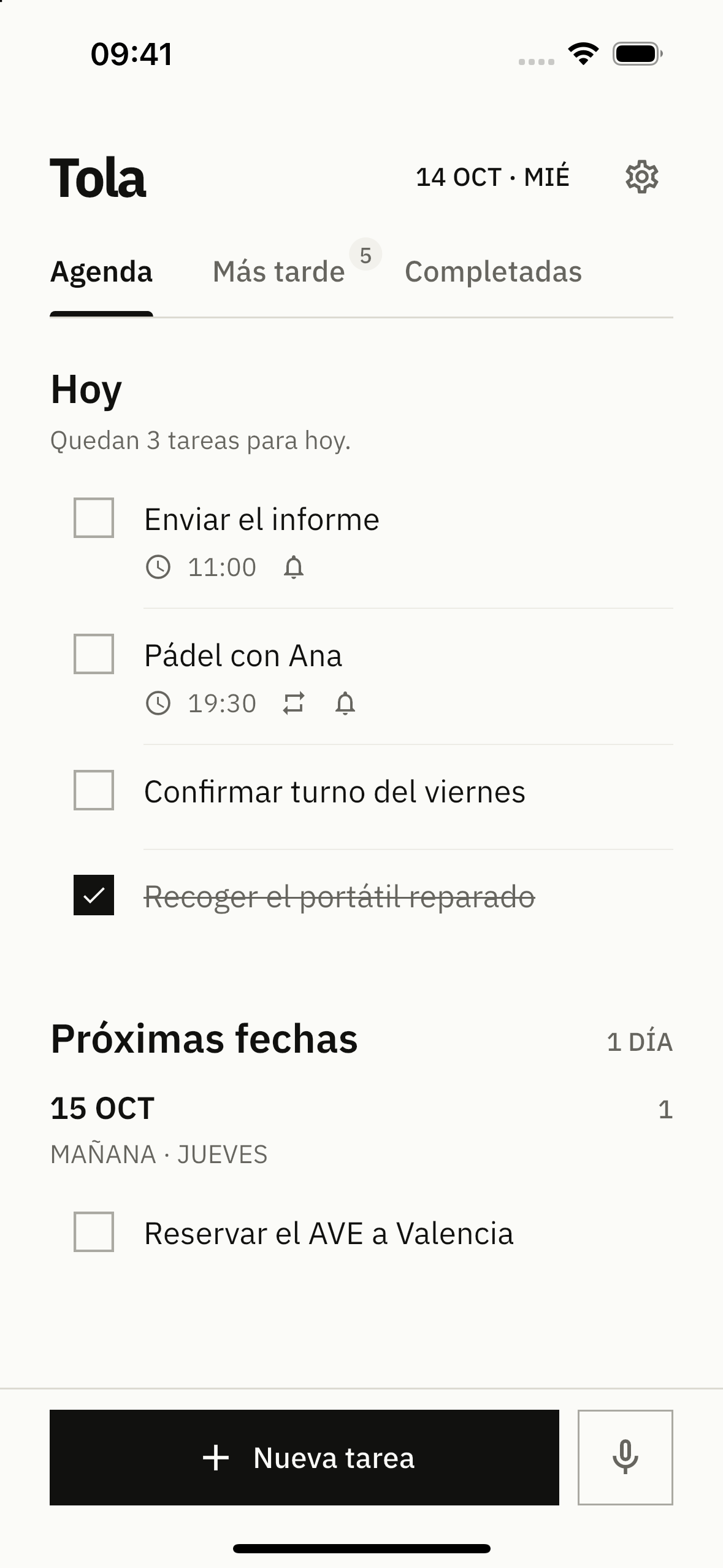 Agenda de Tola con tareas de hoy, recordatorios y los próximos días · Paper